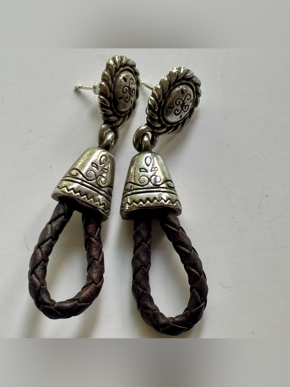 Brighton Brown Braided Leather and Silver-Tone Drop Earrings